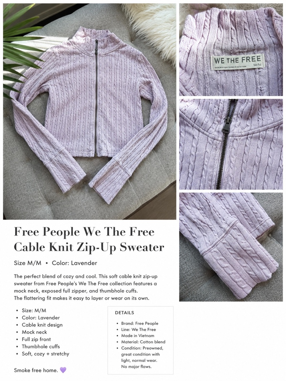 Free People Lavender Cable Knit Zip-Up Sweater